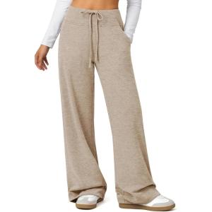 imageATHMILE Womens Wide Leg Sweatpants Baggy HighWaisted Drawstring Sweat Pants Fashion Comfy Joggers with PocketsLight Brown
