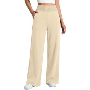 imageATHMILE Womens Wide Leg Sweatpants High Waisted Baggy Lounge Pants with Pockets Drawstring Comfy Casual Athletic PalazzoApricot