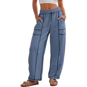 imageATHMILE Sweatpants Women 2026 Baggy PullOn Barrel Pants Wide Leg Lounge Drawstring Sweatpants with PocketsBlue