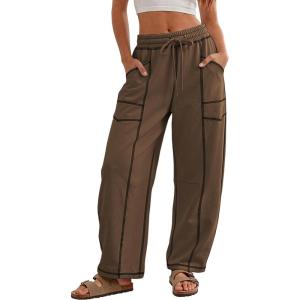 imageATHMILE Sweatpants Women 2026 Baggy PullOn Barrel Pants Wide Leg Lounge Drawstring Sweatpants with PocketsCoffee