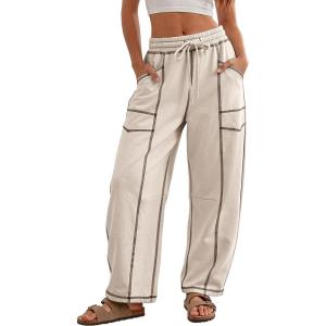 imageATHMILE Sweatpants Women 2026 Baggy PullOn Barrel Pants Wide Leg Lounge Drawstring Sweatpants with PocketsLight Khaki
