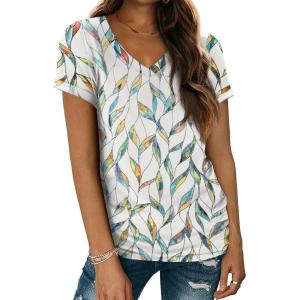 imageATHMILE T Shirts Short Sleeve V Neck Tees for Women Fashion Tops Trendy Lightweight Casual Summer Outfits Clothes 2026 BeachMultileaf