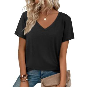 imageATHMILE T Shirts Short Sleeve V Neck Tees for Women Fashion Tops Trendy Soft Casual Summer Clothes Outfits 2026Black