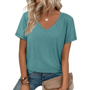 imageATHMILE T Shirts Short Sleeve V Neck Tees for Women Fashion Tops Trendy Soft Casual Summer Clothes Outfits 2026Blue Green