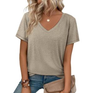 imageATHMILE T Shirts Short Sleeve V Neck Tees for Women Fashion Tops Trendy Soft Casual Summer Clothes Outfits 2026Coffe Grey
