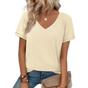 imageATHMILE T Shirts Short Sleeve V Neck Tees for Women Fashion Tops Trendy Soft Casual Summer Clothes Outfits 2026Cream