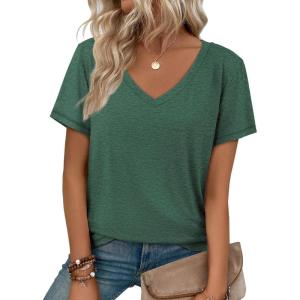 imageATHMILE T Shirts Short Sleeve V Neck Tees for Women Fashion Tops Trendy Soft Casual Summer Clothes Outfits 2026Dark Green