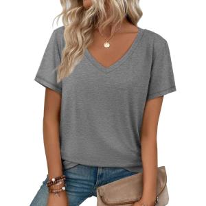 imageATHMILE T Shirts Short Sleeve V Neck Tees for Women Fashion Tops Trendy Soft Casual Summer Clothes Outfits 2026Gray
