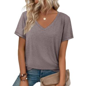imageATHMILE T Shirts Short Sleeve V Neck Tees for Women Fashion Tops Trendy Soft Casual Summer Clothes Outfits 2026Gray Purple