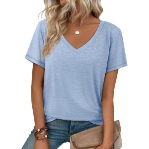 imageATHMILE T Shirts Short Sleeve V Neck Tees for Women Fashion Tops Trendy Soft Casual Summer Clothes Outfits 2026Ice Blue