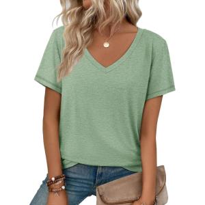 imageATHMILE T Shirts Short Sleeve V Neck Tees for Women Fashion Tops Trendy Soft Casual Summer Clothes Outfits 2026Light Green
