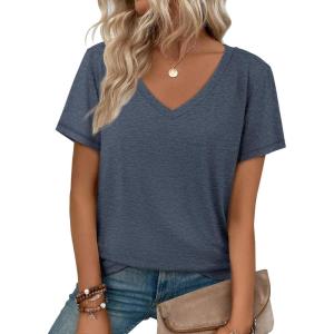imageATHMILE T Shirts Short Sleeve V Neck Tees for Women Fashion Tops Trendy Soft Casual Summer Clothes Outfits 2026Navy