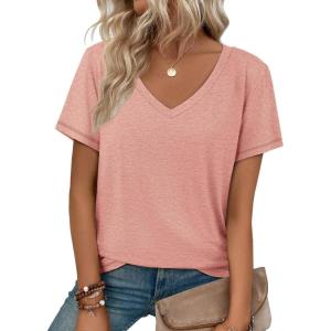 imageATHMILE T Shirts Short Sleeve V Neck Tees for Women Fashion Tops Trendy Soft Casual Summer Clothes Outfits 2026Pink