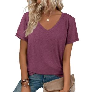 imageATHMILE T Shirts Short Sleeve V Neck Tees for Women Fashion Tops Trendy Soft Casual Summer Clothes Outfits 2026Purple Red