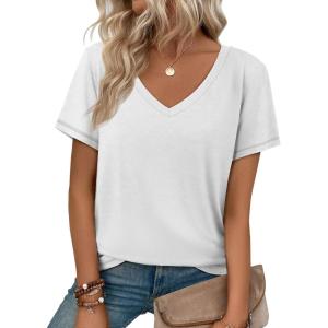 imageATHMILE T Shirts Short Sleeve V Neck Tees for Women Fashion Tops Trendy Soft Casual Summer Clothes Outfits 2026White