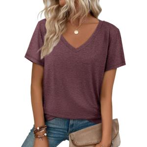imageATHMILE T Shirts Short Sleeve V Neck Tees for Women Fashion Tops Trendy Soft Casual Summer Clothes Outfits 2026Wine Red