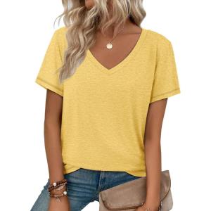 imageATHMILE T Shirts Short Sleeve V Neck Tees for Women Fashion Tops Trendy Soft Casual Summer Clothes Outfits 2026Yellow