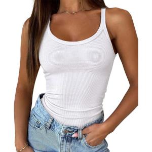 imageATHMILE Women Tank Top Sleeveless Scoop Neck Form Fitting Ribbed Knit Basic Cami Shirts2 Full Length White