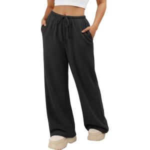 imageATHMILE Womens Wide Leg Sweatpants Long Straight Streetwear Drawstring Low Waist Casual Loose Baggy Workout Pants 2026Black